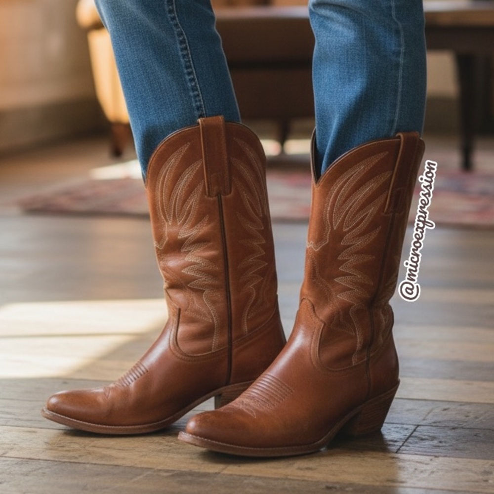 1990s VINTAGE Frye Billy Pull-On Cognac Leather Embroidered Festival Cowboy Boot